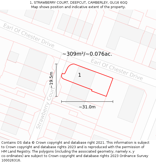 1, STRAWBERRY COURT, DEEPCUT, CAMBERLEY, GU16 6GQ: Plot and title map