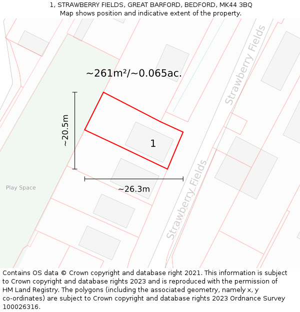 1, STRAWBERRY FIELDS, GREAT BARFORD, BEDFORD, MK44 3BQ: Plot and title map