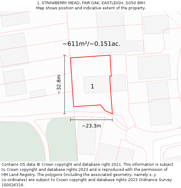 1, STRAWBERRY MEAD, FAIR OAK, EASTLEIGH, SO50 8RH: Plot and title map