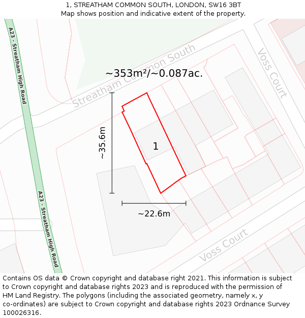 1, STREATHAM COMMON SOUTH, LONDON, SW16 3BT: Plot and title map
