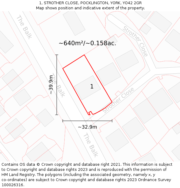 1, STROTHER CLOSE, POCKLINGTON, YORK, YO42 2GR: Plot and title map