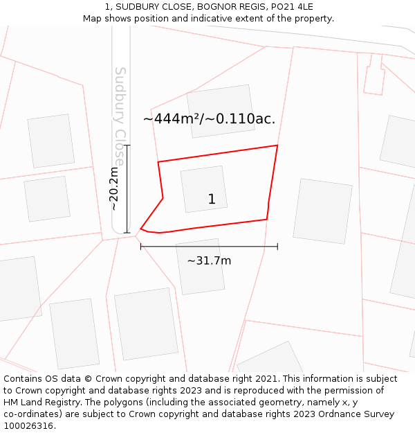 1, SUDBURY CLOSE, BOGNOR REGIS, PO21 4LE: Plot and title map