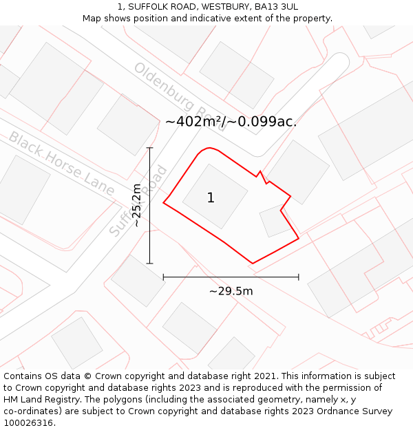 1, SUFFOLK ROAD, WESTBURY, BA13 3UL: Plot and title map