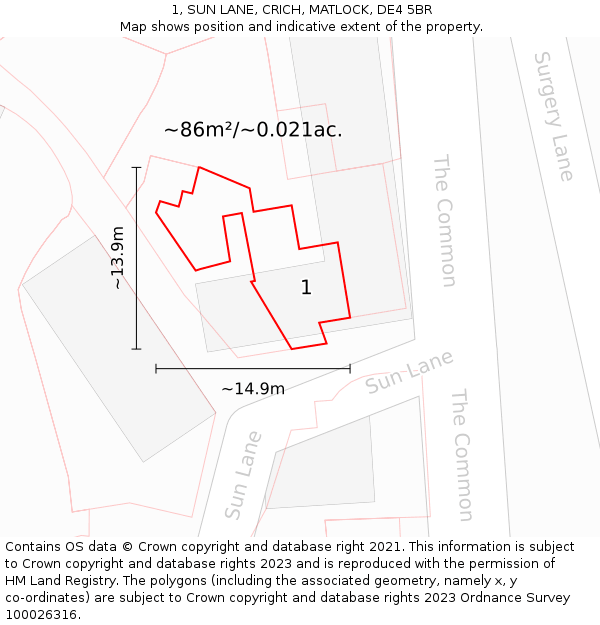 1, SUN LANE, CRICH, MATLOCK, DE4 5BR: Plot and title map