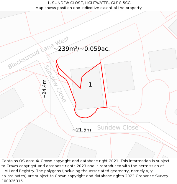 1, SUNDEW CLOSE, LIGHTWATER, GU18 5SG: Plot and title map