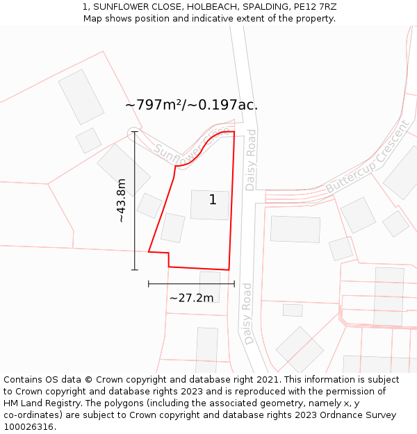 1, SUNFLOWER CLOSE, HOLBEACH, SPALDING, PE12 7RZ: Plot and title map