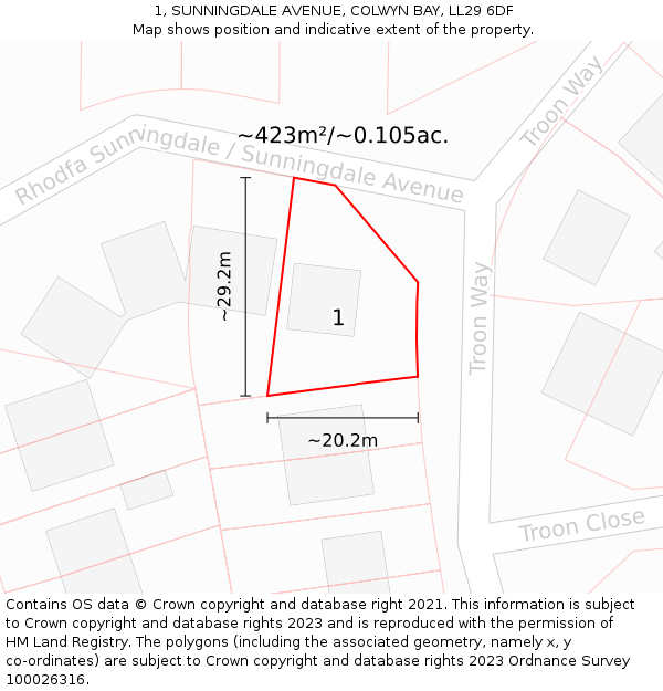 1, SUNNINGDALE AVENUE, COLWYN BAY, LL29 6DF: Plot and title map