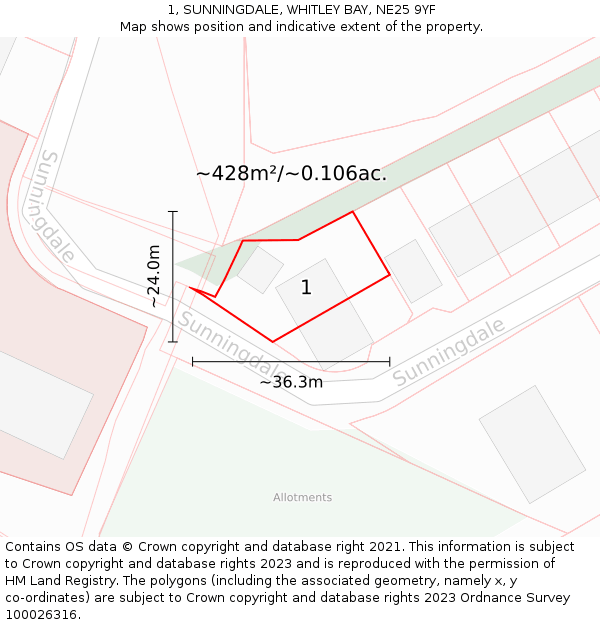 1, SUNNINGDALE, WHITLEY BAY, NE25 9YF: Plot and title map