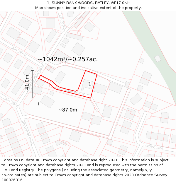 1, SUNNY BANK WOODS, BATLEY, WF17 0NH: Plot and title map