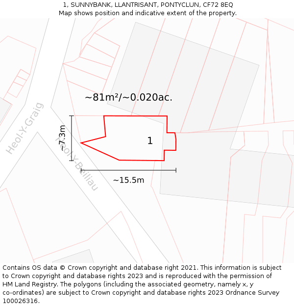 1, SUNNYBANK, LLANTRISANT, PONTYCLUN, CF72 8EQ: Plot and title map