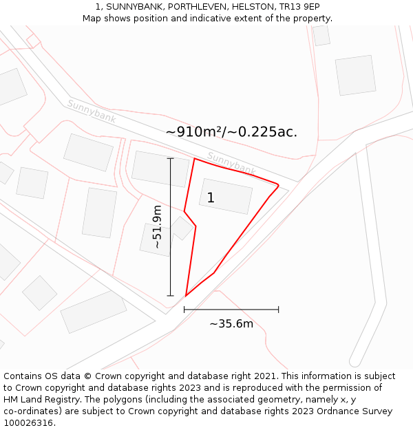 1, SUNNYBANK, PORTHLEVEN, HELSTON, TR13 9EP: Plot and title map