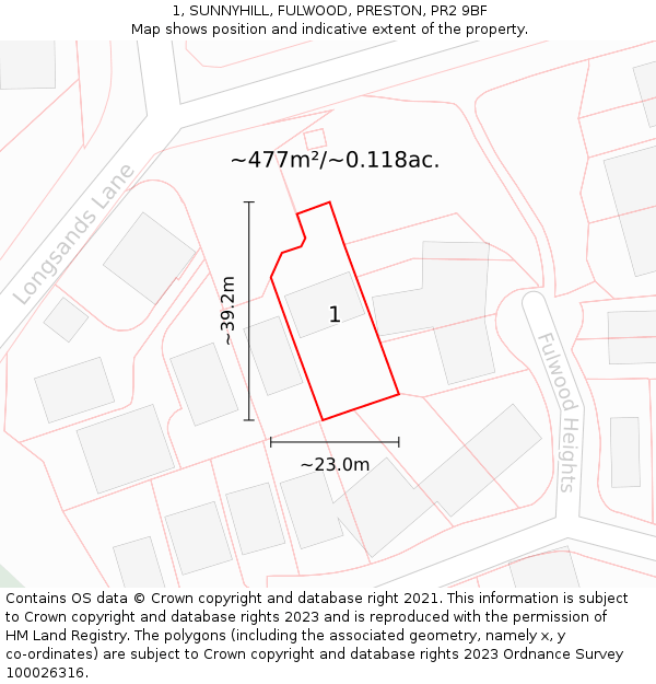 1, SUNNYHILL, FULWOOD, PRESTON, PR2 9BF: Plot and title map