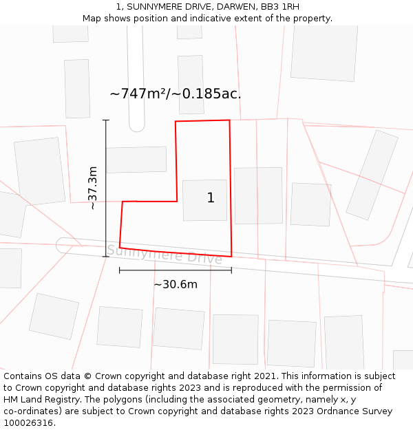 1, SUNNYMERE DRIVE, DARWEN, BB3 1RH: Plot and title map