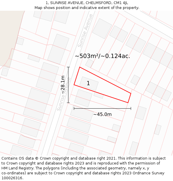 1, SUNRISE AVENUE, CHELMSFORD, CM1 4JL: Plot and title map