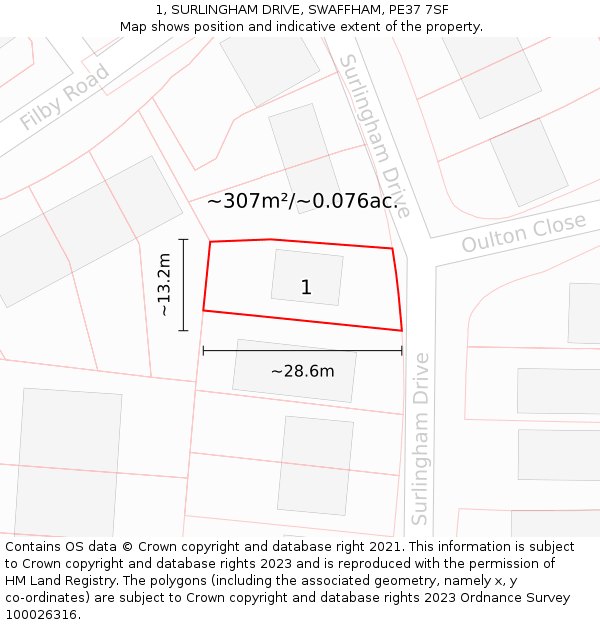 1, SURLINGHAM DRIVE, SWAFFHAM, PE37 7SF: Plot and title map