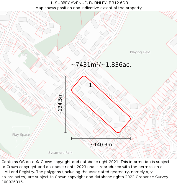 1, SURREY AVENUE, BURNLEY, BB12 6DB: Plot and title map