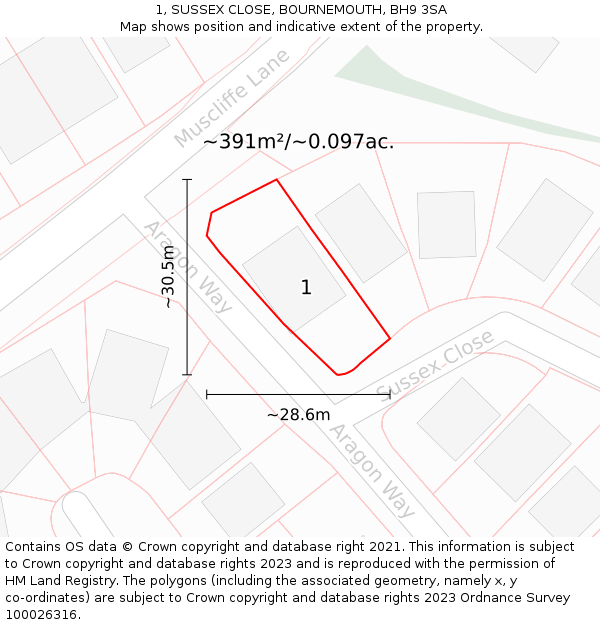 1, SUSSEX CLOSE, BOURNEMOUTH, BH9 3SA: Plot and title map