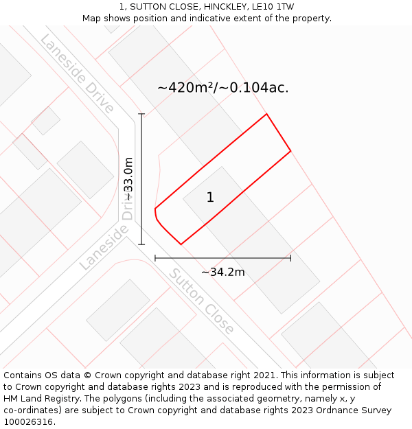 1, SUTTON CLOSE, HINCKLEY, LE10 1TW: Plot and title map