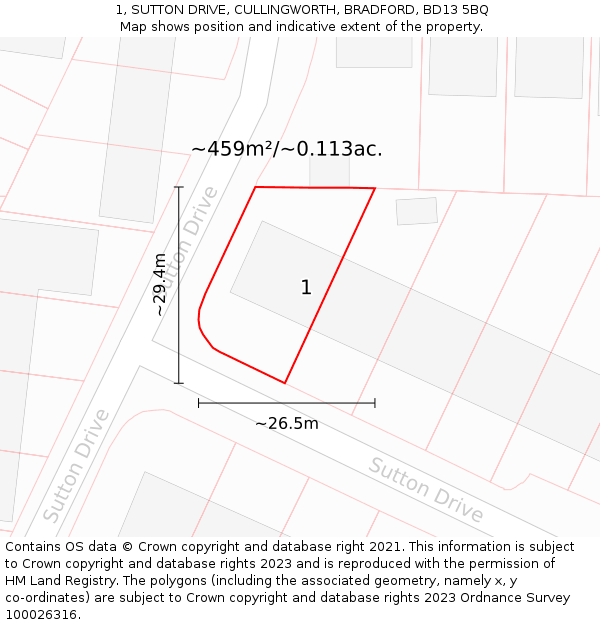 1, SUTTON DRIVE, CULLINGWORTH, BRADFORD, BD13 5BQ: Plot and title map