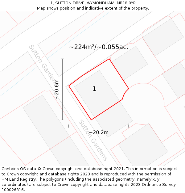 1, SUTTON DRIVE, WYMONDHAM, NR18 0YP: Plot and title map
