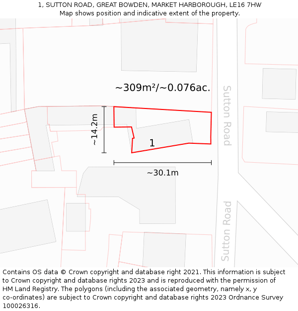 1, SUTTON ROAD, GREAT BOWDEN, MARKET HARBOROUGH, LE16 7HW: Plot and title map