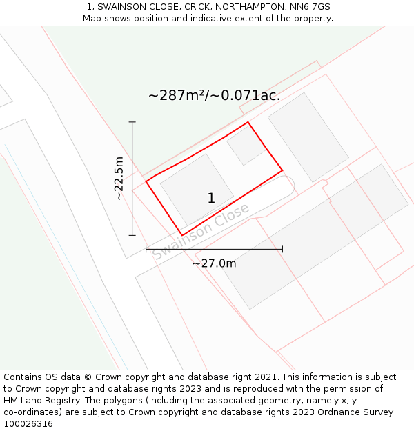 1, SWAINSON CLOSE, CRICK, NORTHAMPTON, NN6 7GS: Plot and title map