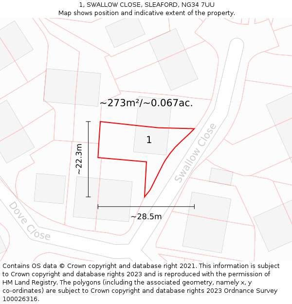 1, SWALLOW CLOSE, SLEAFORD, NG34 7UU: Plot and title map