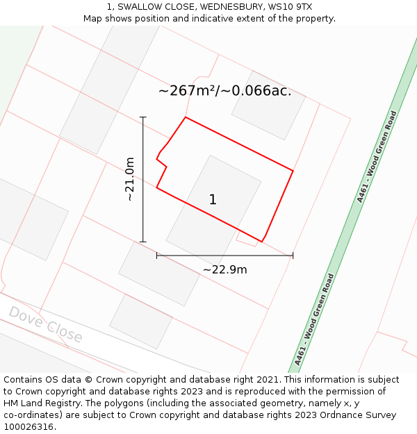 1, SWALLOW CLOSE, WEDNESBURY, WS10 9TX: Plot and title map