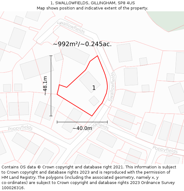 1, SWALLOWFIELDS, GILLINGHAM, SP8 4US: Plot and title map