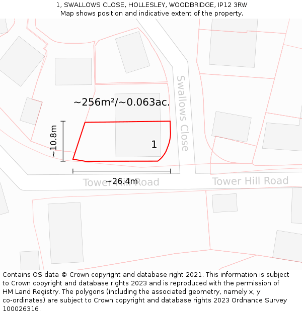 1, SWALLOWS CLOSE, HOLLESLEY, WOODBRIDGE, IP12 3RW: Plot and title map