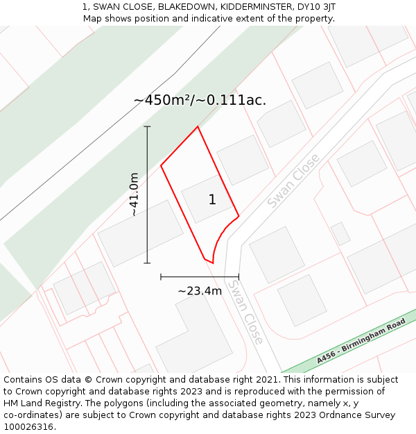 1, SWAN CLOSE, BLAKEDOWN, KIDDERMINSTER, DY10 3JT: Plot and title map