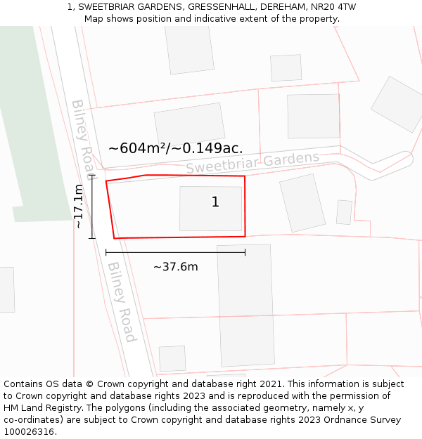 1, SWEETBRIAR GARDENS, GRESSENHALL, DEREHAM, NR20 4TW: Plot and title map