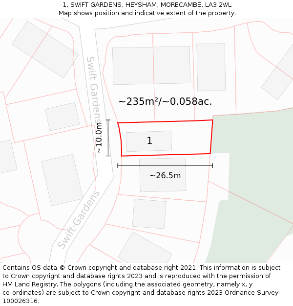 1, SWIFT GARDENS, HEYSHAM, MORECAMBE, LA3 2WL: Plot and title map