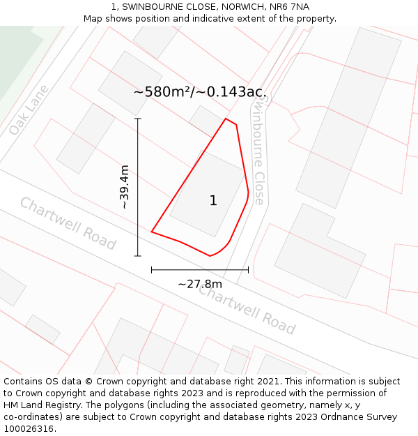 1, SWINBOURNE CLOSE, NORWICH, NR6 7NA: Plot and title map