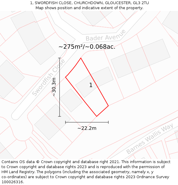 1, SWORDFISH CLOSE, CHURCHDOWN, GLOUCESTER, GL3 2TU: Plot and title map