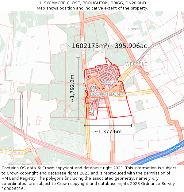 1, SYCAMORE CLOSE, BROUGHTON, BRIGG, DN20 0UB: Plot and title map