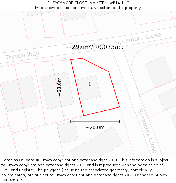 1, SYCAMORE CLOSE, MALVERN, WR14 1UG: Plot and title map