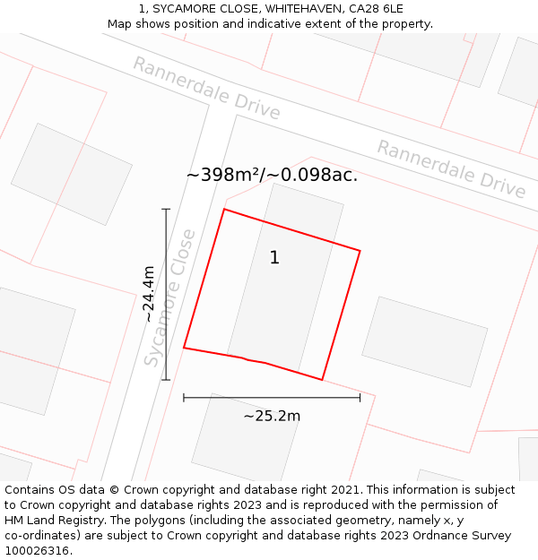 1, SYCAMORE CLOSE, WHITEHAVEN, CA28 6LE: Plot and title map