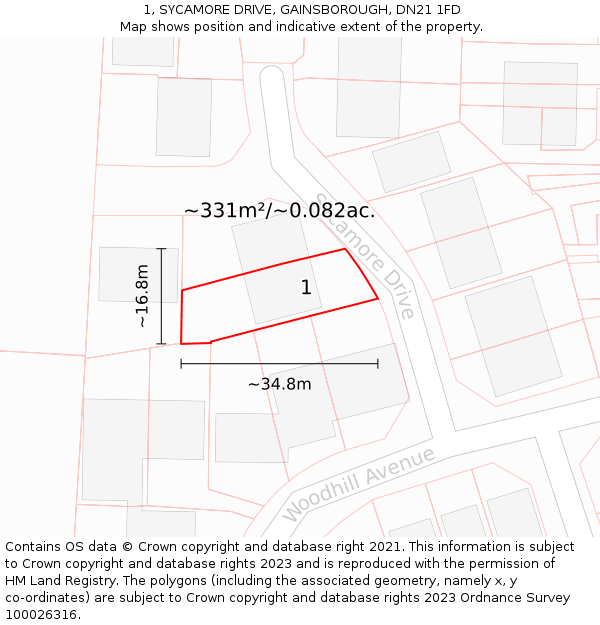 1, SYCAMORE DRIVE, GAINSBOROUGH, DN21 1FD: Plot and title map