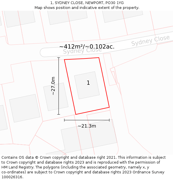 1, SYDNEY CLOSE, NEWPORT, PO30 1YG: Plot and title map