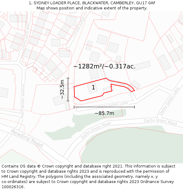 1, SYDNEY LOADER PLACE, BLACKWATER, CAMBERLEY, GU17 0AF: Plot and title map