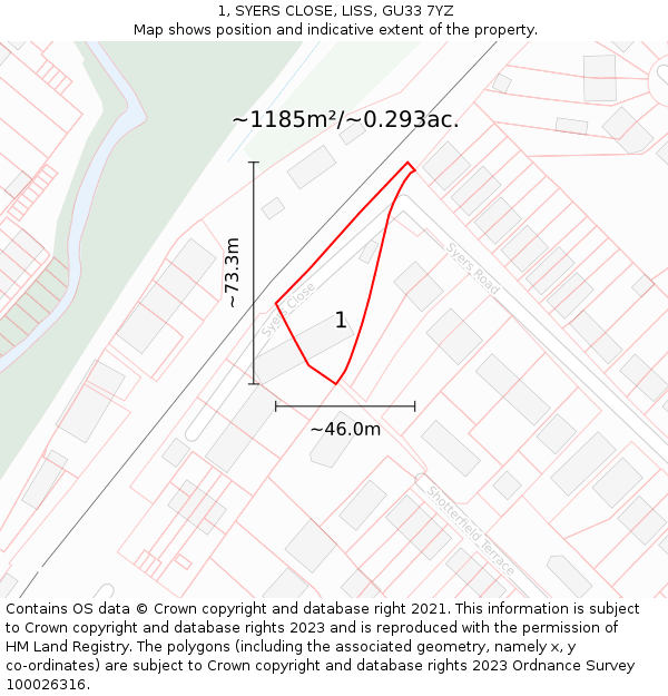 1, SYERS CLOSE, LISS, GU33 7YZ: Plot and title map