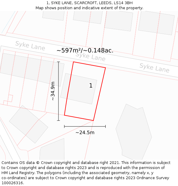 1, SYKE LANE, SCARCROFT, LEEDS, LS14 3BH: Plot and title map