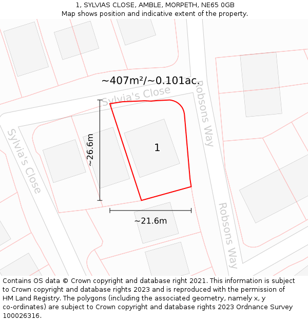 1, SYLVIAS CLOSE, AMBLE, MORPETH, NE65 0GB: Plot and title map