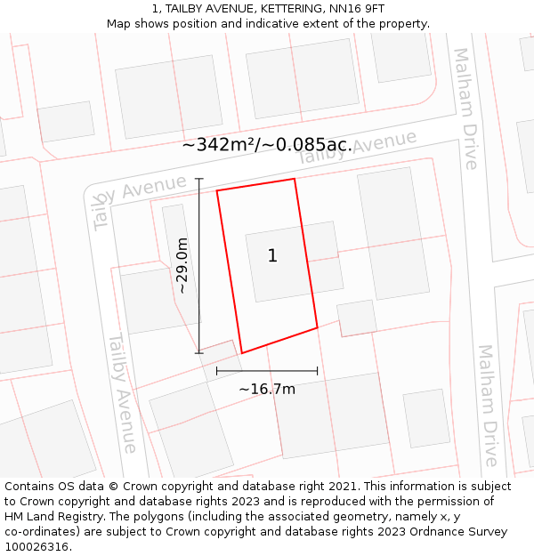 1, TAILBY AVENUE, KETTERING, NN16 9FT: Plot and title map