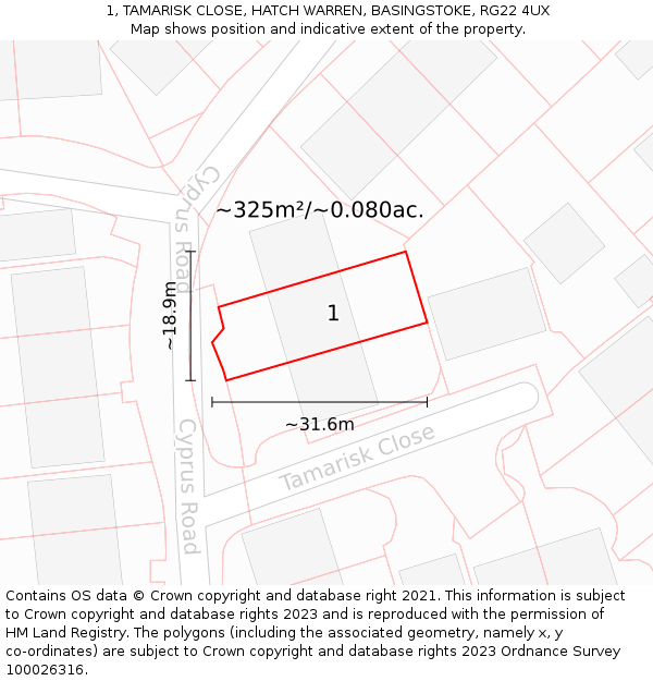 1, TAMARISK CLOSE, HATCH WARREN, BASINGSTOKE, RG22 4UX: Plot and title map