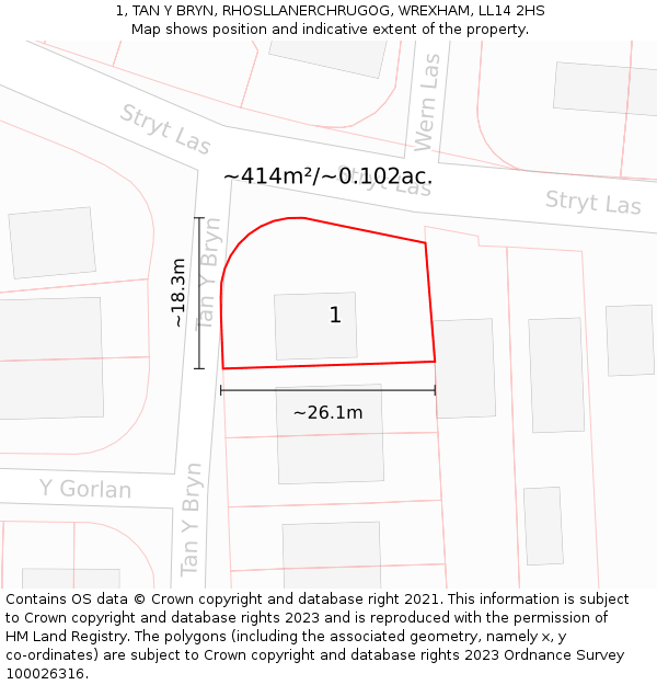 1, TAN Y BRYN, RHOSLLANERCHRUGOG, WREXHAM, LL14 2HS: Plot and title map