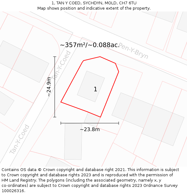 1, TAN Y COED, SYCHDYN, MOLD, CH7 6TU: Plot and title map