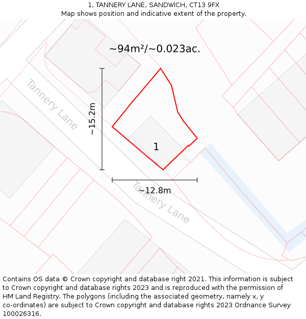 1, TANNERY LANE, SANDWICH, CT13 9FX: Plot and title map