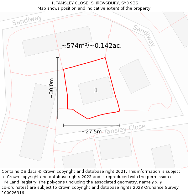 1, TANSLEY CLOSE, SHREWSBURY, SY3 9BS: Plot and title map